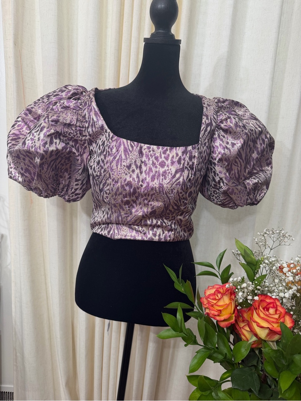 Purple Animal-Print Puff Sleeve Crop Top